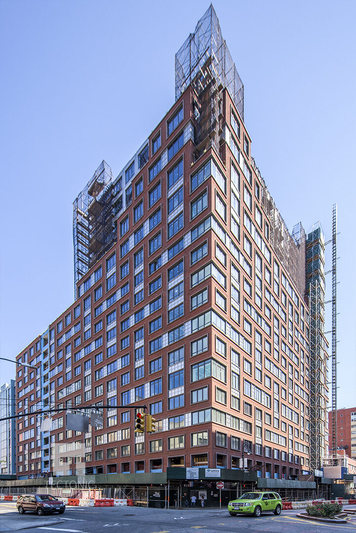 The Boerum — completed corner view of the 19-story brick facade in Downtown Brooklyn