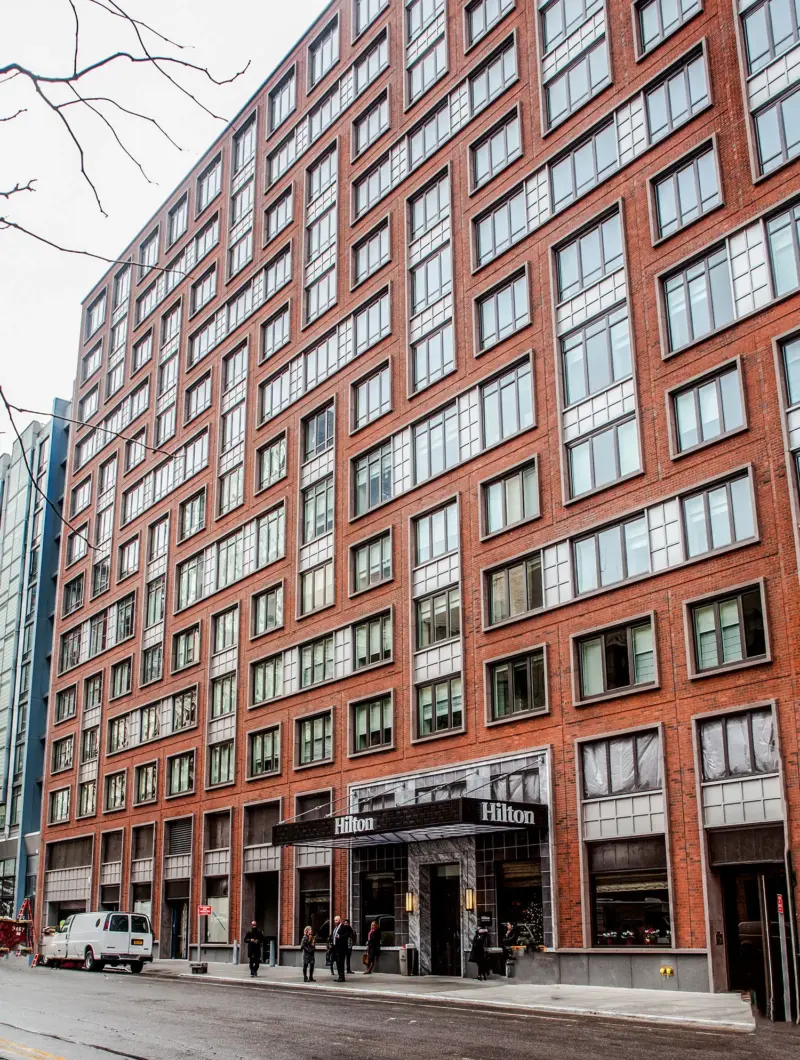 The Boerum — finished street-level Hilton entrance with 140 Schermerhorn signage