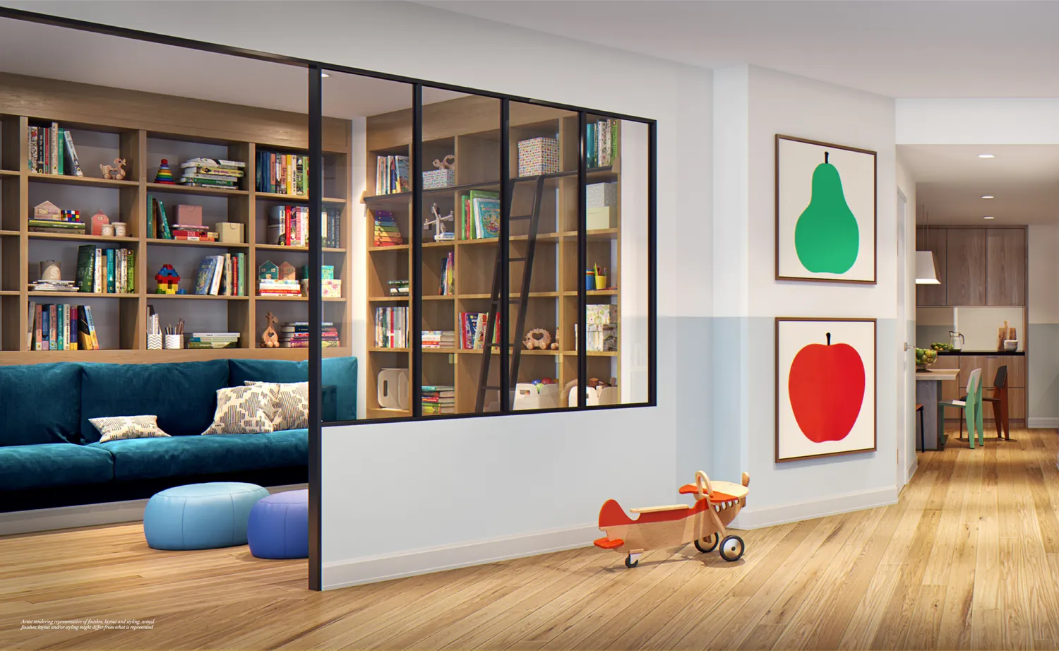 The Oriana — cellar-level children's library and reading nook (rendering)