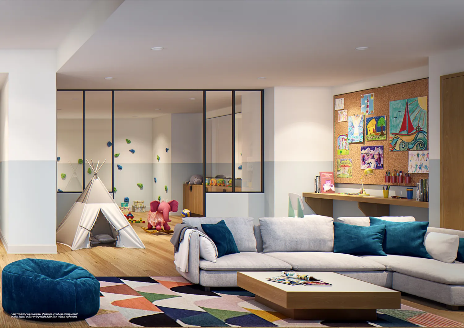 The Oriana — cellar-level children's playroom with teepee and indoor climbing wall (rendering)