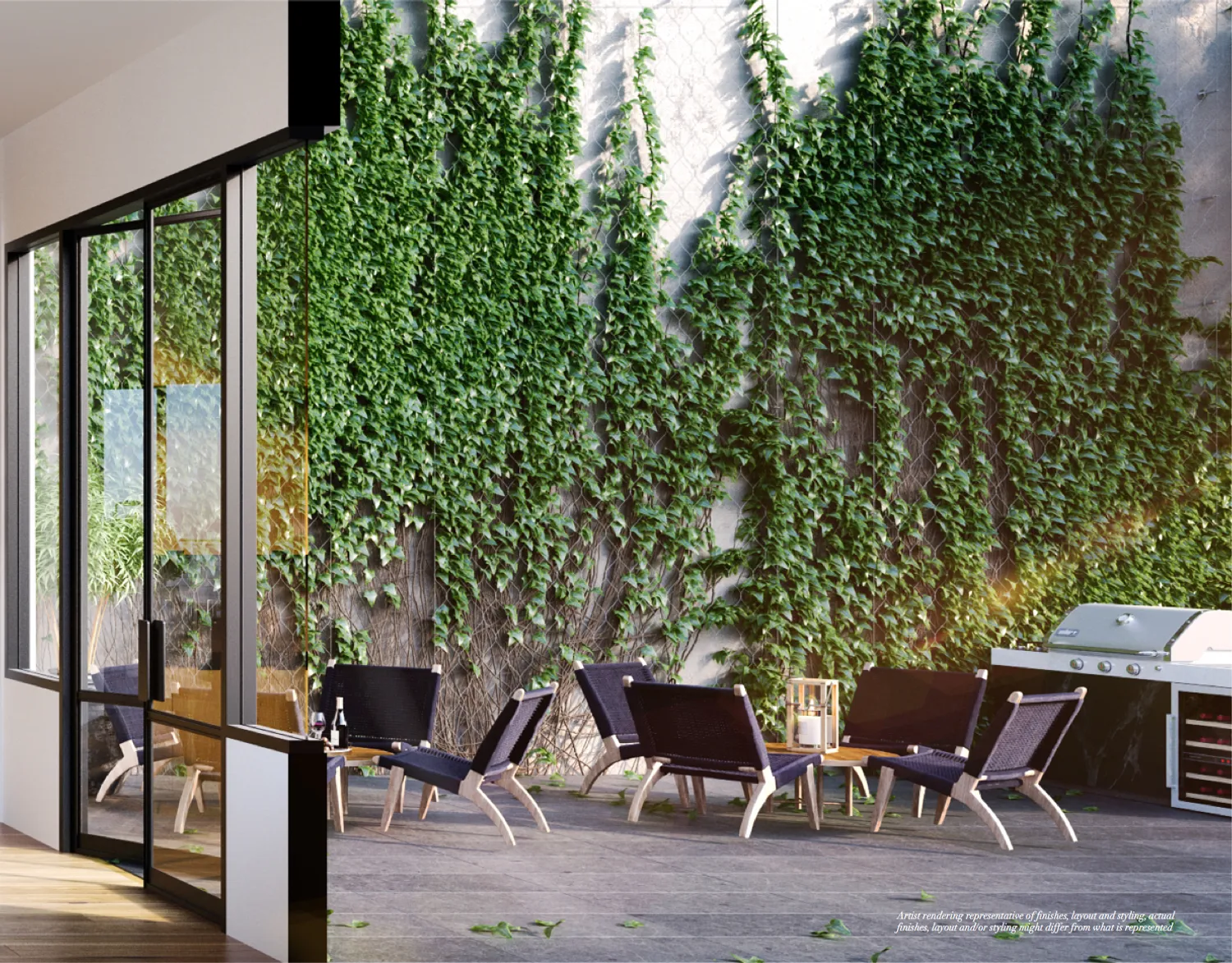 The Oriana — private cellar-level outdoor courtyard with ivy wall, lounge seating, and grill (rendering)
