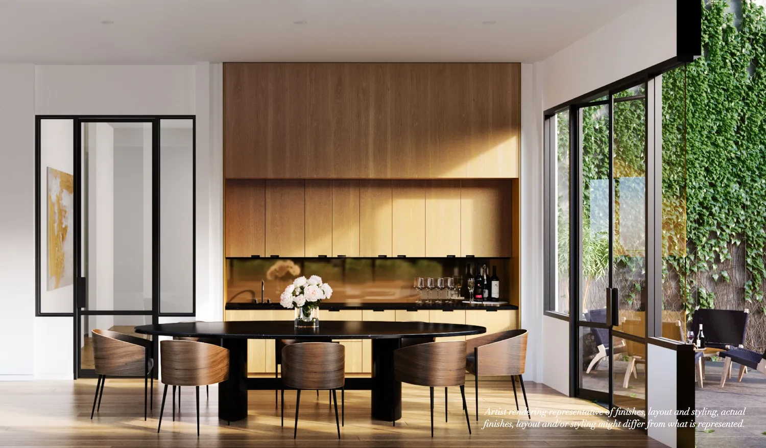 The Oriana — cellar-level party room and dining table with sightline to the outdoor courtyard (rendering)